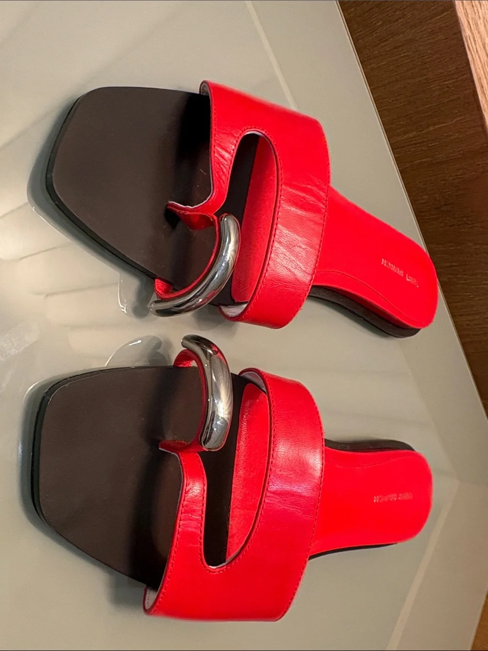 Tory Burch Red Leather Slide Mules with Silver Accent